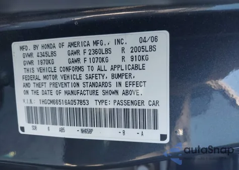 2006 Honda Accord 3.0 Ex z USA, uszkodzony, nr VIN 1HGCM66516A057853